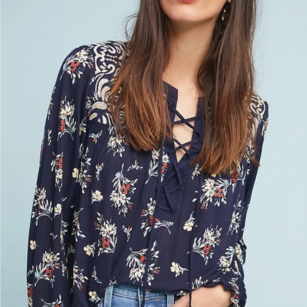 NWT Sz L Anthropologie Sydney Floral Top by One September Navy